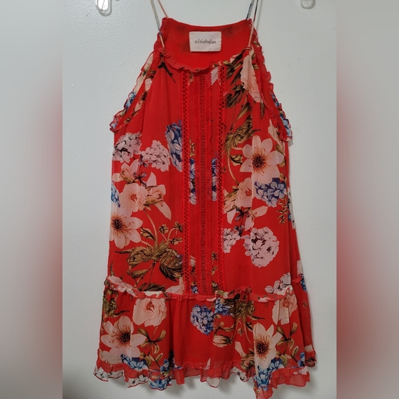 NICHOLAS Dresses & Skirts - NICHOLAS X Revolve Red Floral Crochet Trimmed Silk Halter Mini Shift Dress Sz6